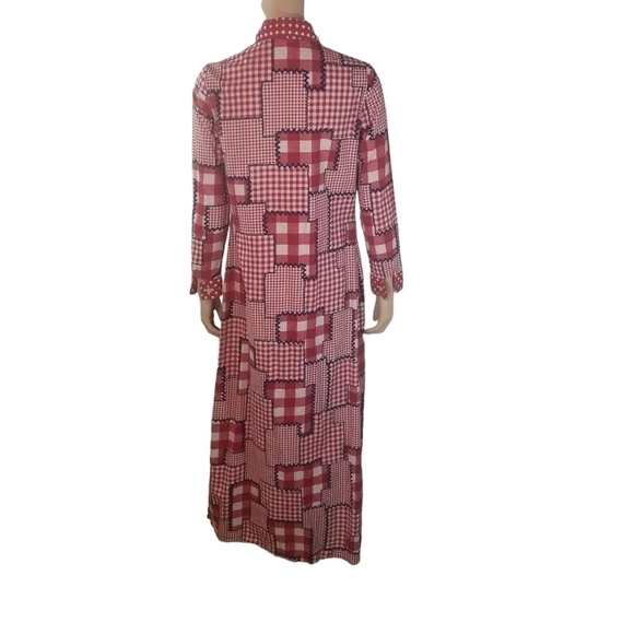 Vtg 70s red gingham plaid patchwork long sleeve maxi dress - Picture 4 of 12